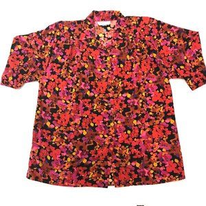 A Personal Touch 3X Plus 3/4 Sleeve Shirt Polyester Black Pink Flowers